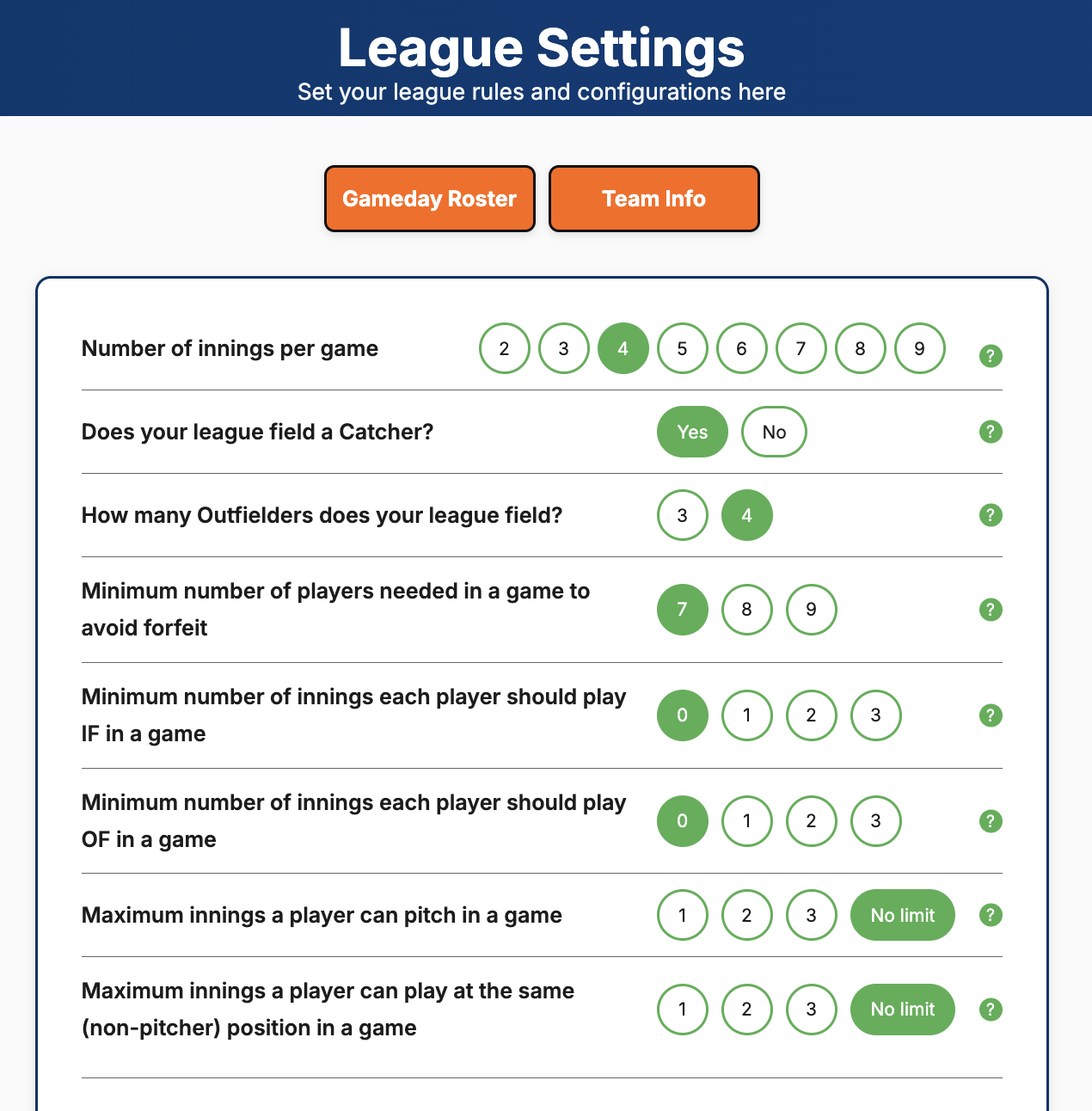 Screenshot showing league settings used for testing.